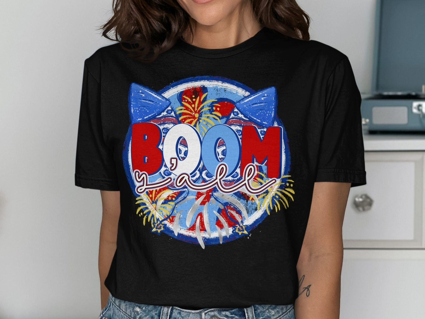 Jen Peete Designs Physical Item Patriotic BOOM Yall With Fireworks Design Awesome T-Shirt