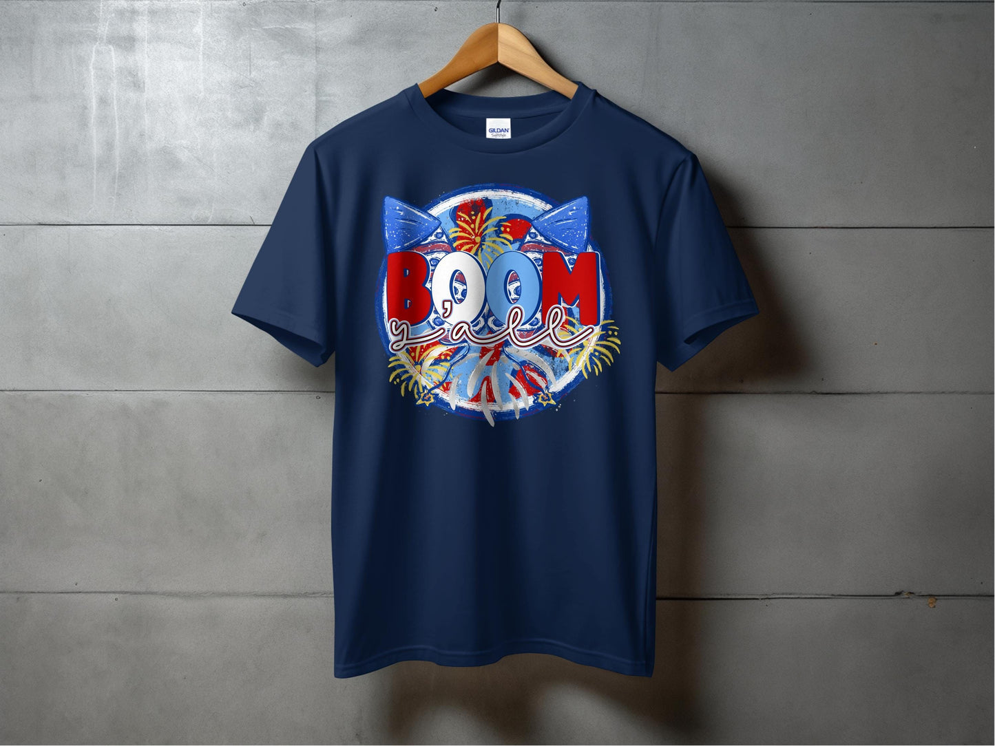 Jen Peete Designs Physical Item Patriotic BOOM Yall With Fireworks Design Awesome T-Shirt