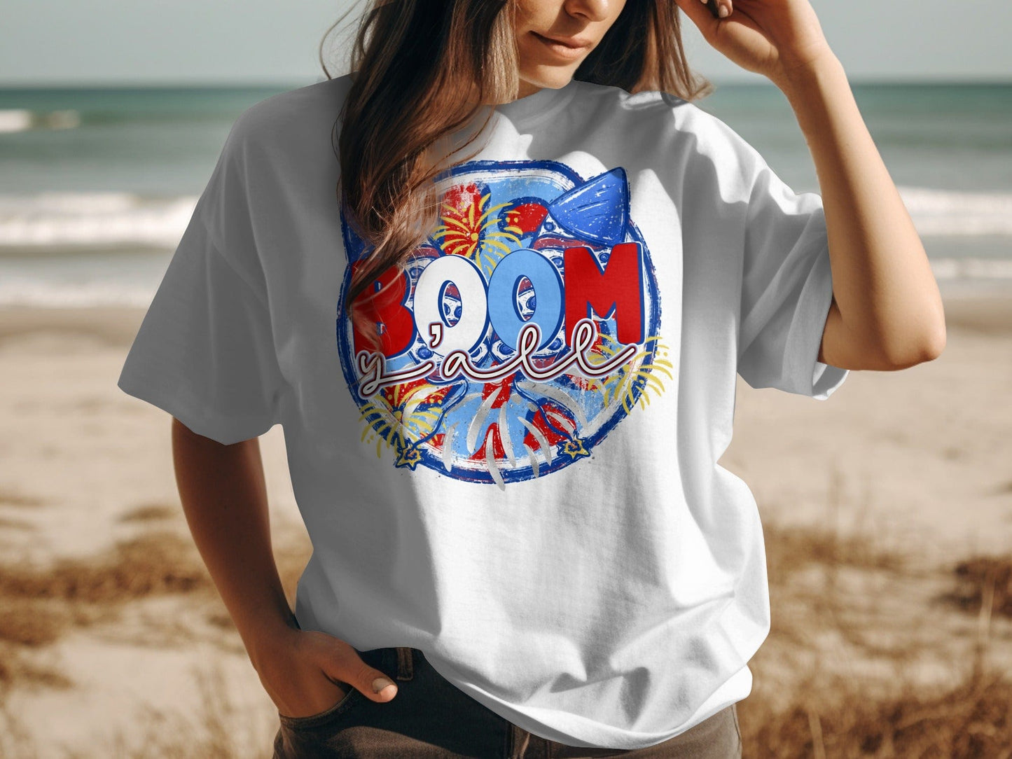Jen Peete Designs Physical Item Patriotic BOOM Yall With Fireworks Design Awesome T-Shirt