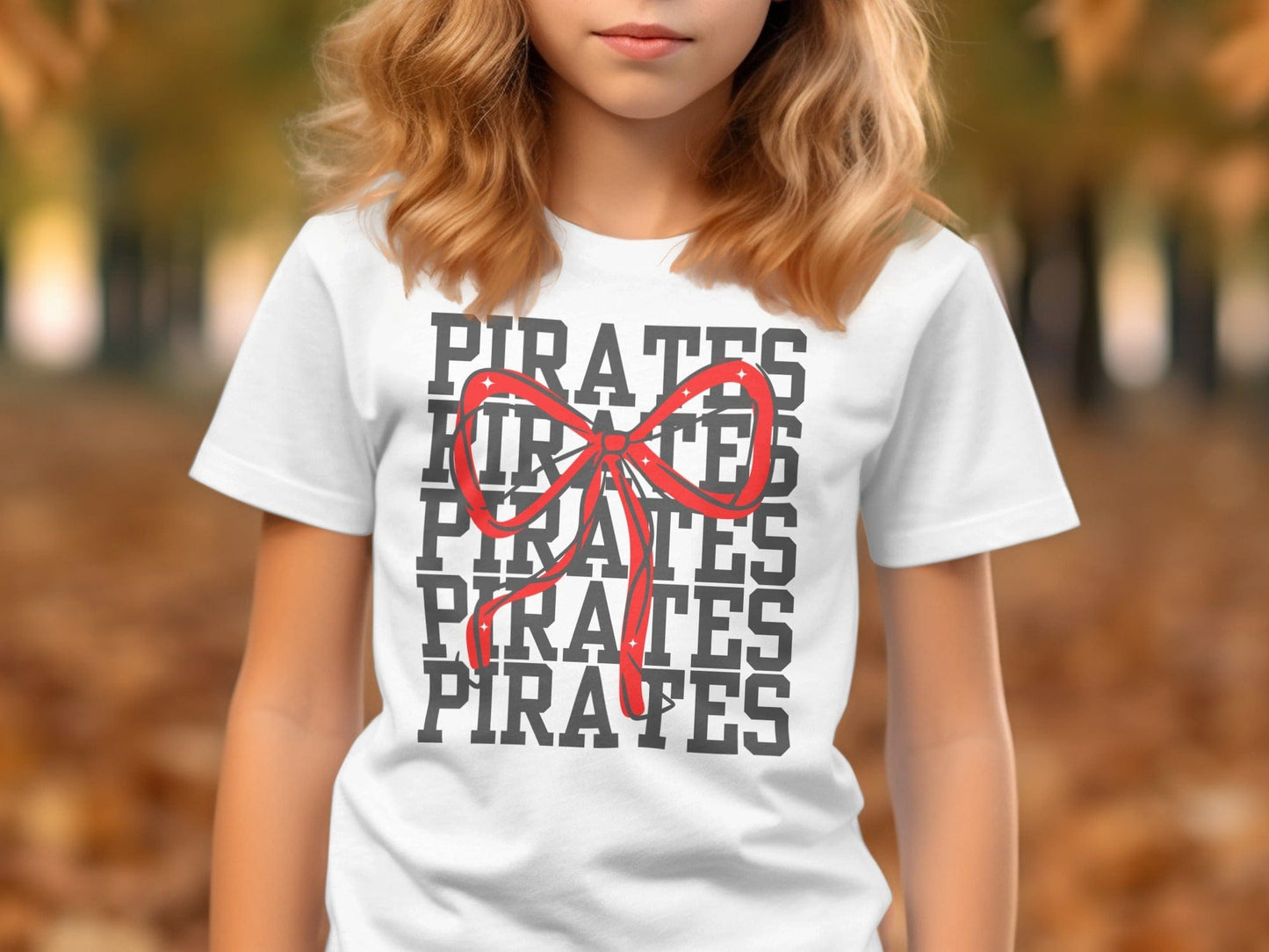Jen Peete Designs Physical Item Pirates With Red Sparkly Bow Spirit Shirt