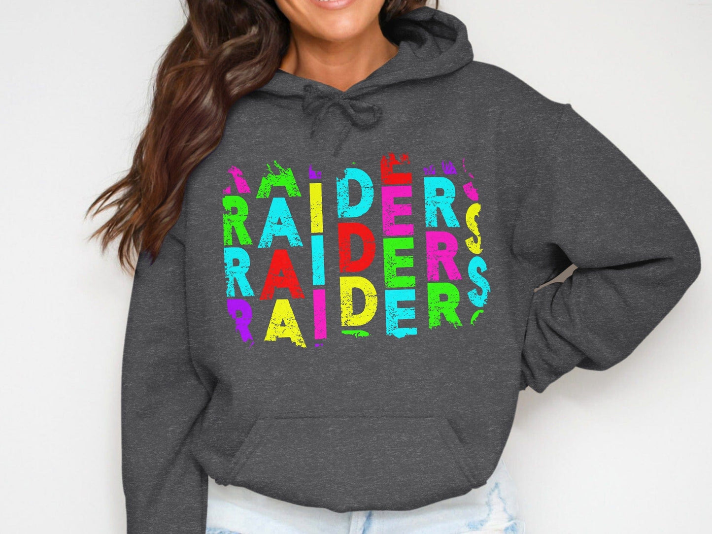 JPD Physical Item Raiders Text Multi Color Distressed Look in Short-Sleeve, Long-Sleeve, Crewnecks, and Hoodies