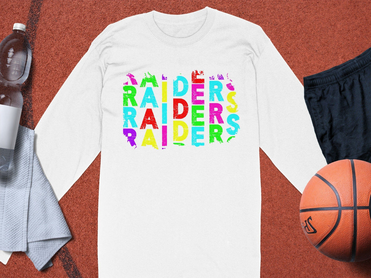 JPD Physical Item Raiders Text Multi Color Distressed Look in Short-Sleeve, Long-Sleeve, Crewnecks, and Hoodies