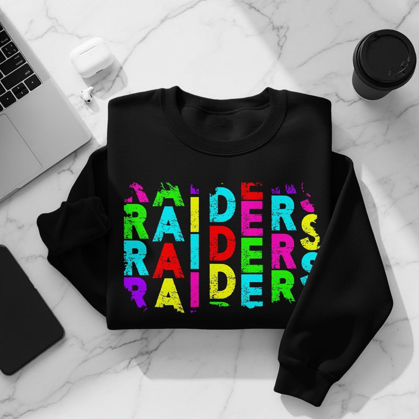 JPD Physical Item Raiders Text Multi Color Distressed Look in Short-Sleeve, Long-Sleeve, Crewnecks, and Hoodies