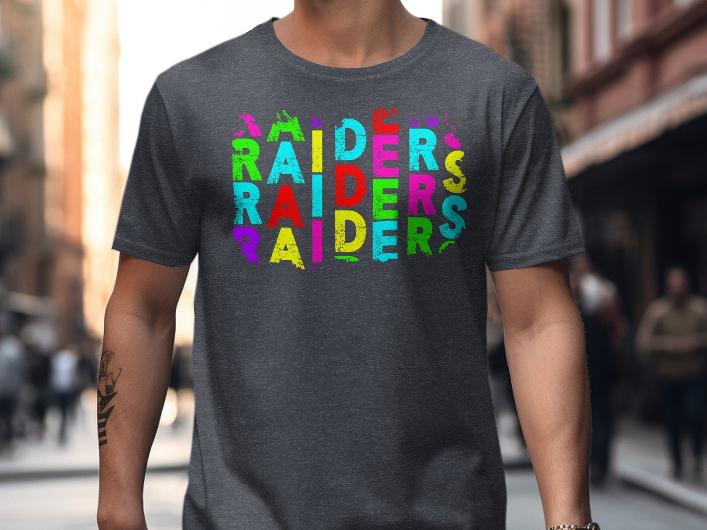 JPD Physical Item Raiders Text Multi Color Distressed Look in Short-Sleeve, Long-Sleeve, Crewnecks, and Hoodies