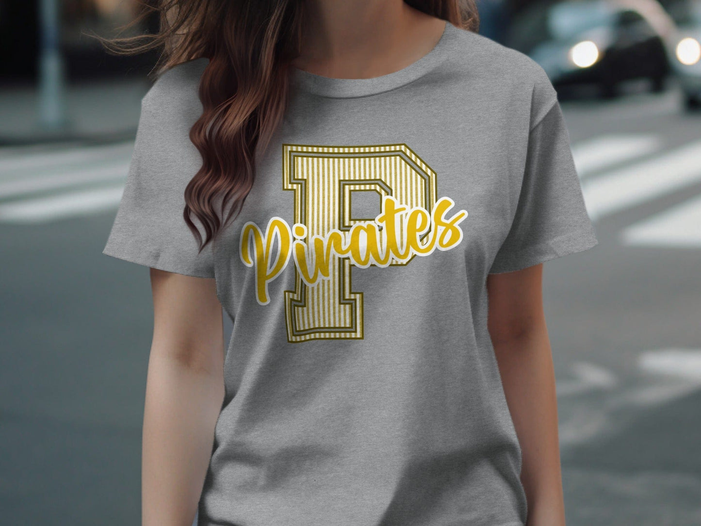 Jen Peete Designs Physical Item Seersucker Pirates with Gold P Spirit Shirt