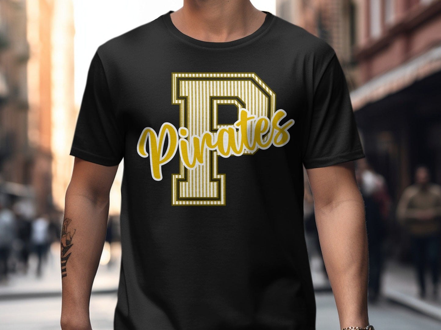 Jen Peete Designs Physical Item Seersucker Pirates with Gold P Spirit Shirt