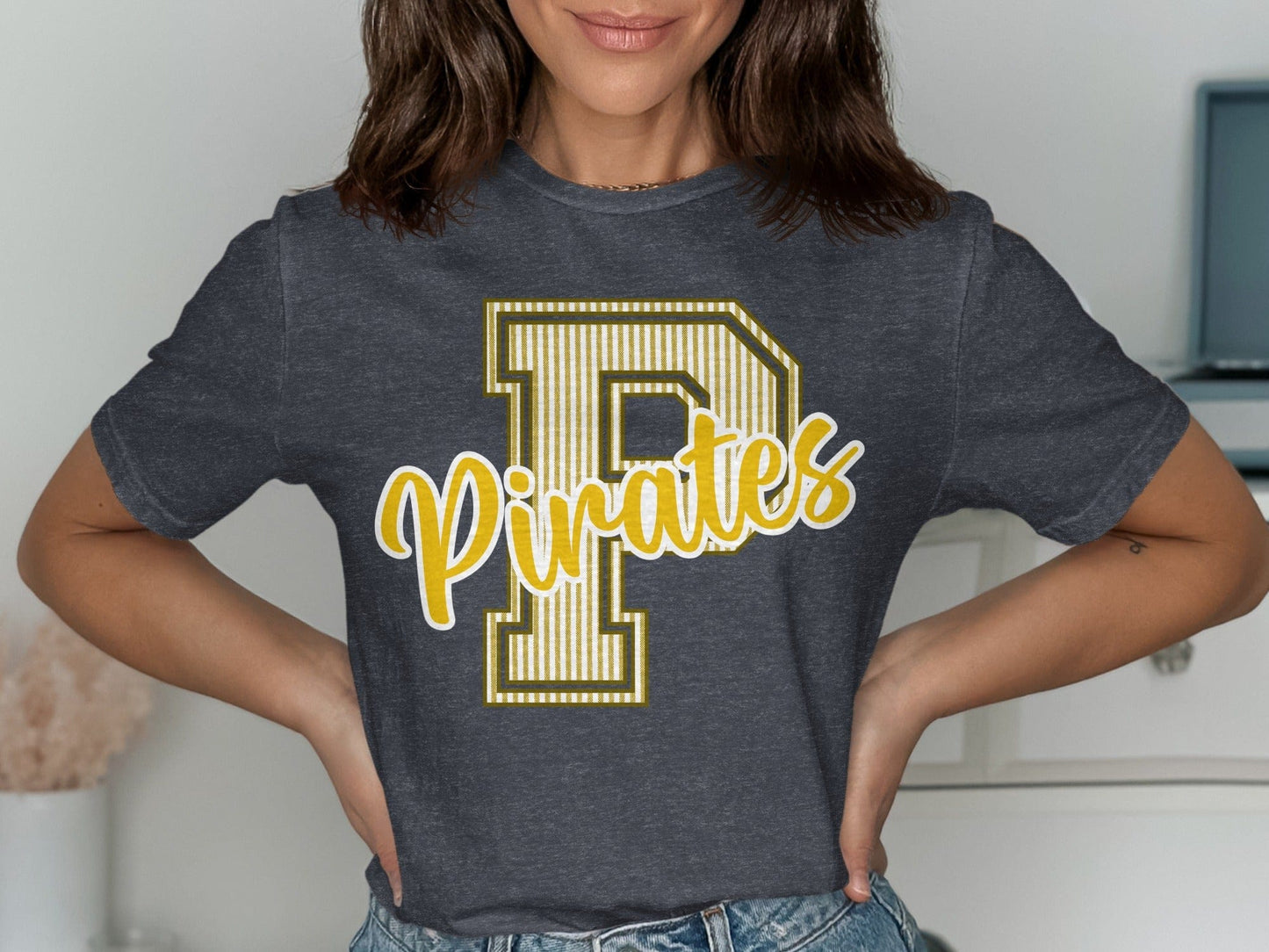 Jen Peete Designs Physical Item Seersucker Pirates with Gold P Spirit Shirt