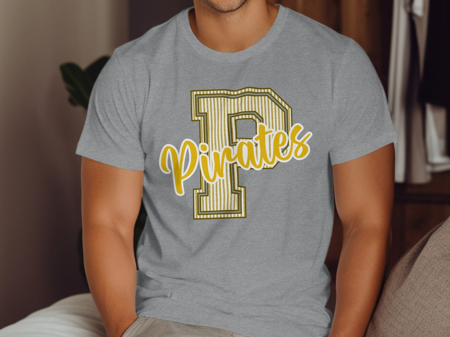 Jen Peete Designs Physical Item Seersucker Pirates with Gold P Spirit Shirt