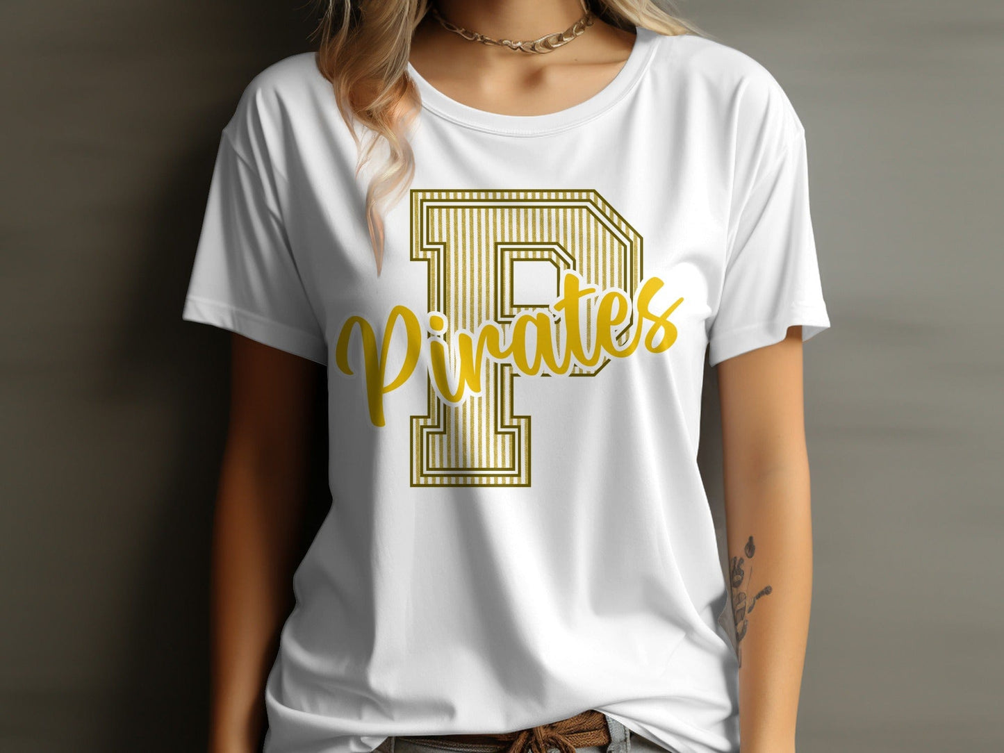 Jen Peete Designs Physical Item Seersucker Pirates with Gold P Spirit Shirt