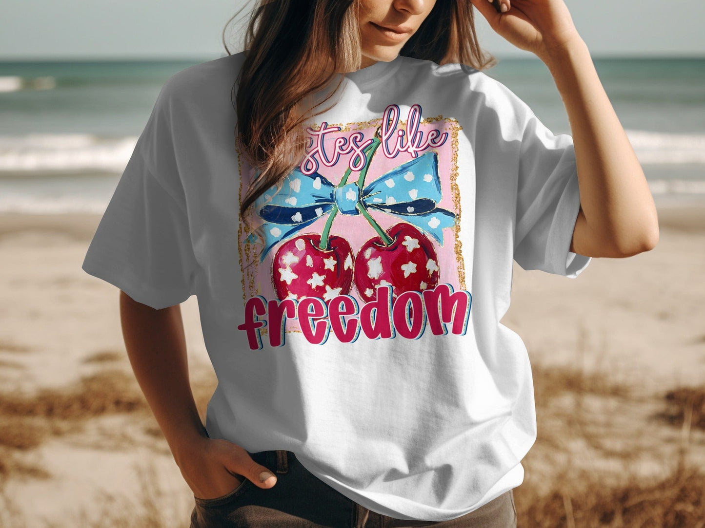 Jen Peete Designs Physical Item Tastes Like Freedom Cherries Patriotic Graphic Print T-Shirt