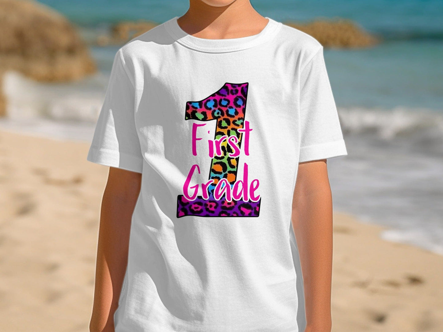 Jen Peete Designs Youth Clothing 1st Grade Leopard Print Back to School Graphic T-Shirts