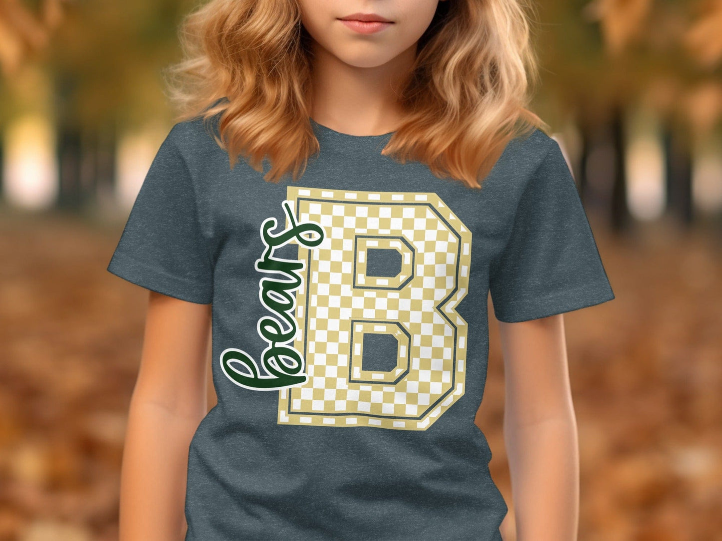Jen Peete Designs Youth Clothing Cursive Bears Spirit Shirt with Gold Checkered B