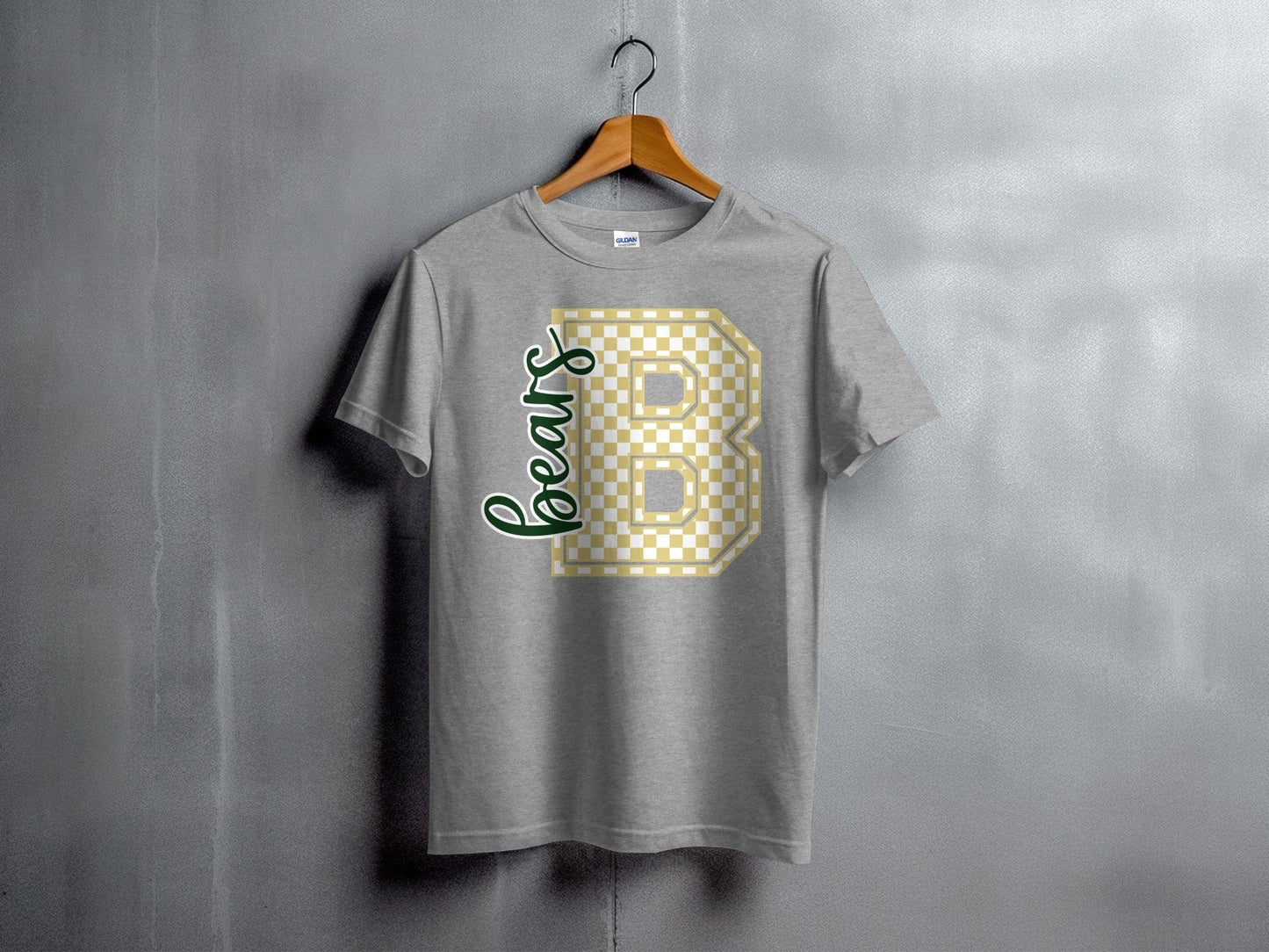 Jen Peete Designs Youth Clothing Cursive Bears Spirit Shirt with Gold Checkered B
