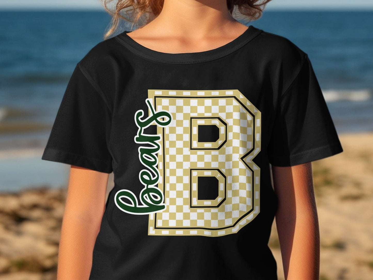 Jen Peete Designs Youth Clothing Cursive Bears Spirit Shirt with Gold Checkered B
