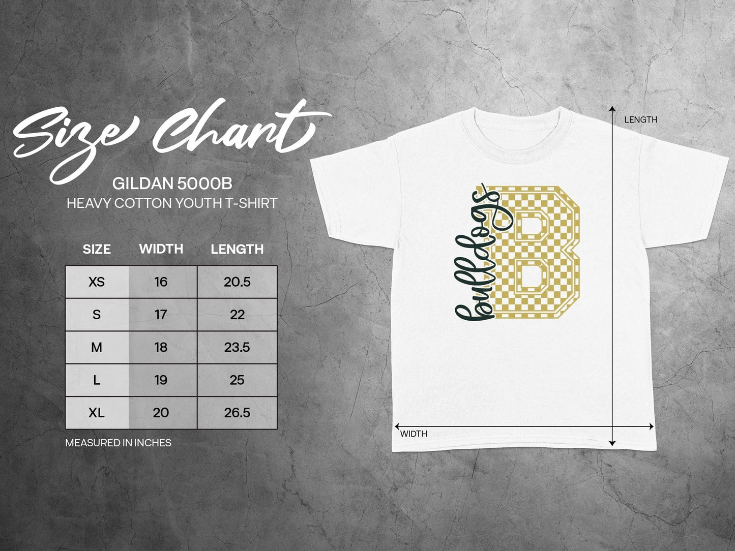 Jen Peete Designs Youth Clothing Cursive Bulldogs Spirit Shirt with Gold Checkered B