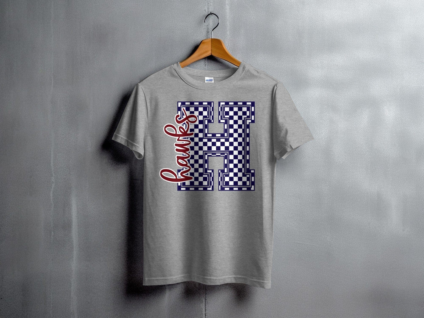 Jen Peete Designs Youth Clothing Cursive Hawks Spirit Shirt with Blue Checkered H