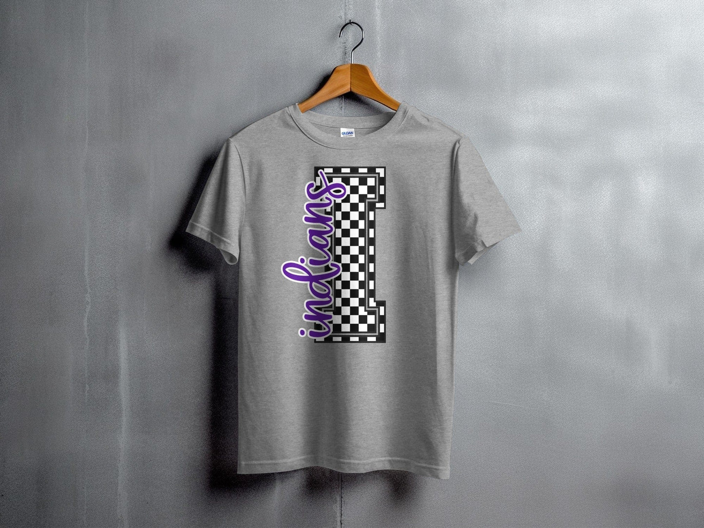 Jen Peete Designs Youth Clothing Cursive Indians Spirit Shirt with Checkered I