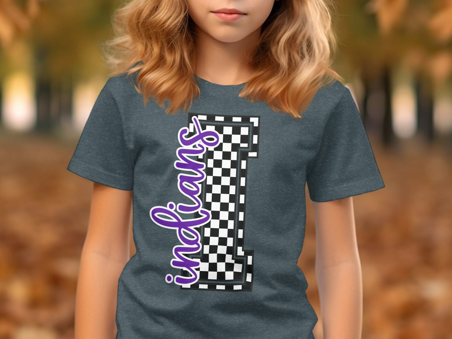 Jen Peete Designs Youth Clothing Cursive Indians Spirit Shirt with Checkered I