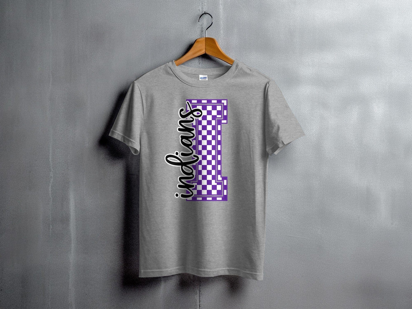 Jen Peete Designs Youth Clothing Cursive Indians Spirit Shirt with Purple Checkered I