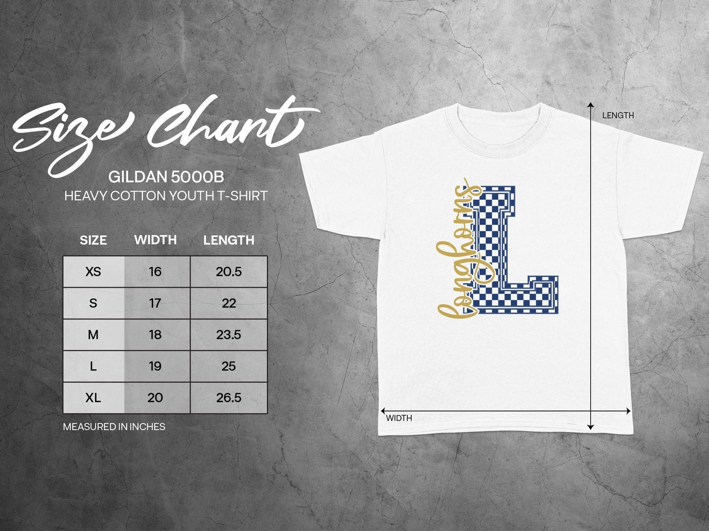 Jen Peete Designs Youth Clothing Cursive Longhorns Spirit Shirt with Blue Checkered L