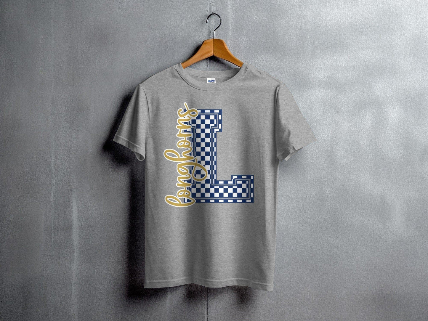 Jen Peete Designs Youth Clothing Cursive Longhorns Spirit Shirt with Blue Checkered L