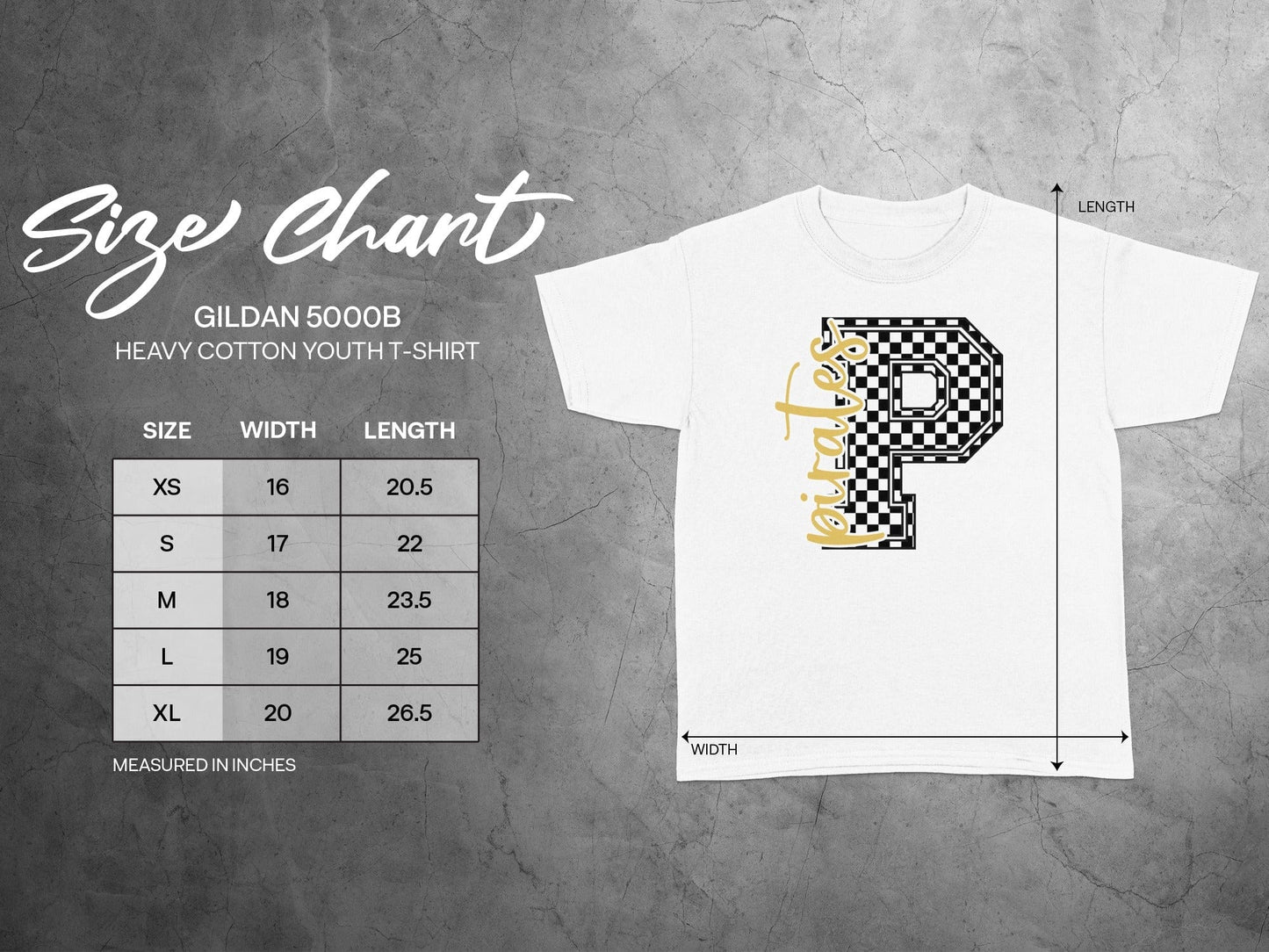 Jen Peete Designs Youth Clothing Cursive Pirates Spirit Shirt with Checkered P