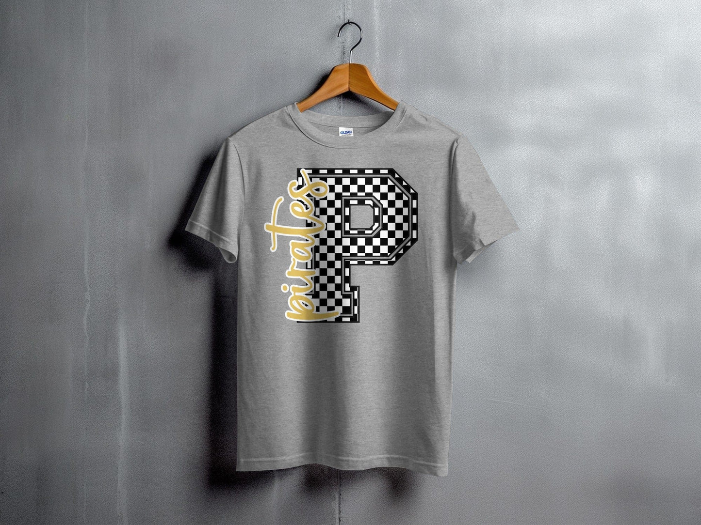 Jen Peete Designs Youth Clothing Cursive Pirates Spirit Shirt with Checkered P