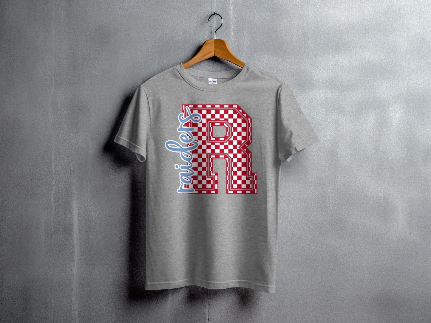 Jen Peete Designs Youth Clothing Cursive Raiders Spirit Shirt with Red Checkered R