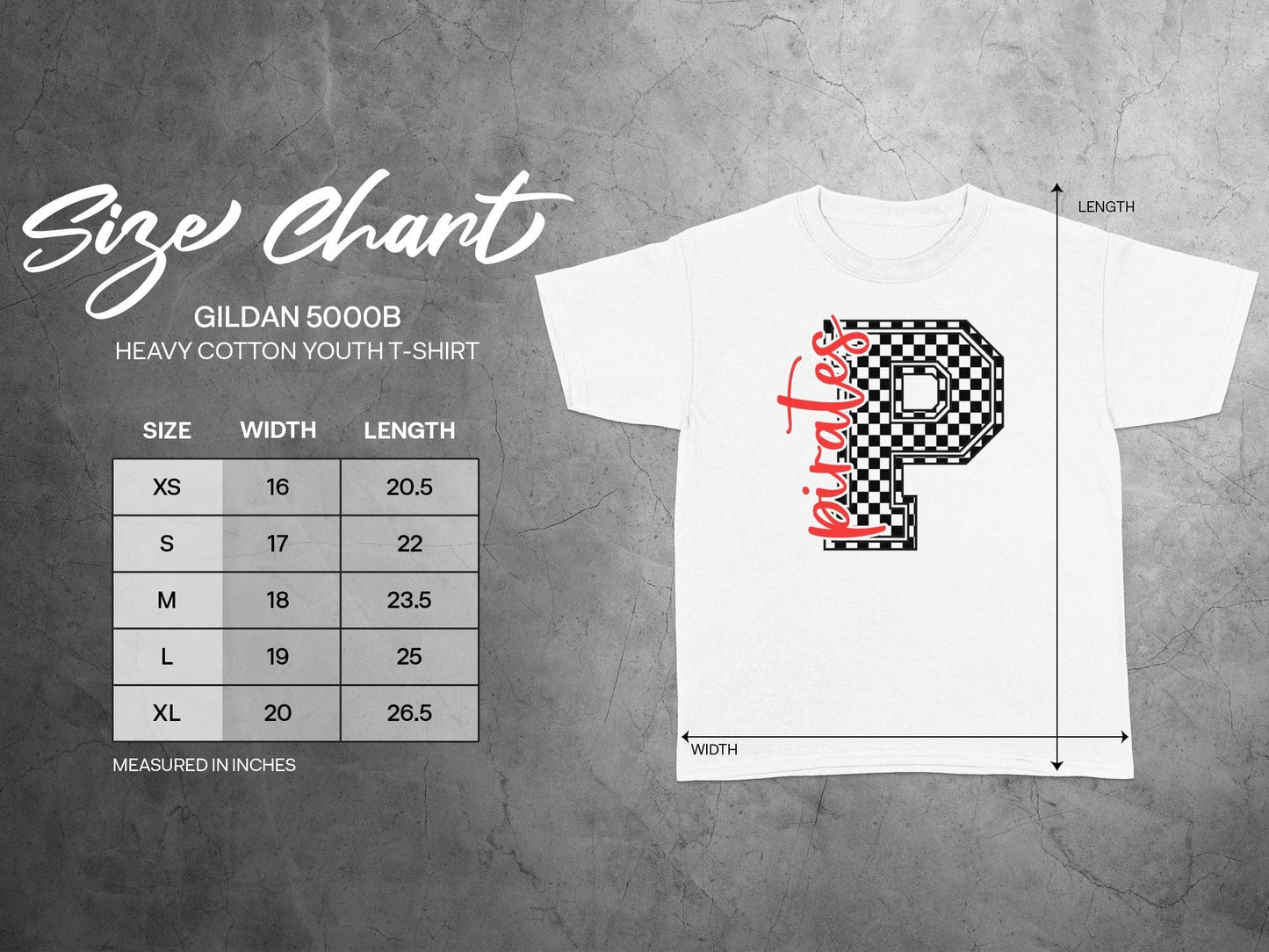 Jen Peete Designs Youth Clothing Cursive Red Pirates Spirit Shirt with Checkered P