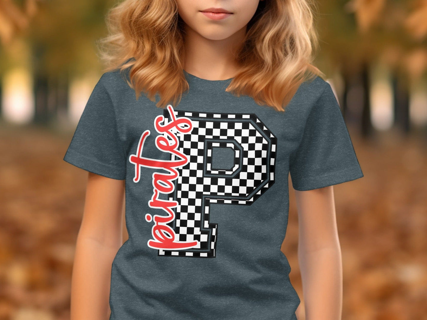 Jen Peete Designs Youth Clothing Cursive Red Pirates Spirit Shirt with Checkered P
