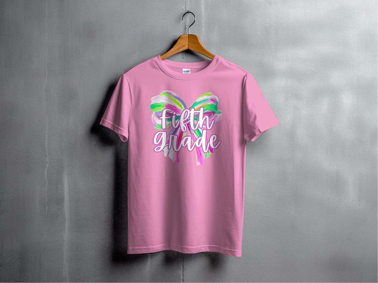 Jen Peete Designs Youth Clothing Fifth Grade Colorful Brush Strokes Bow Back to School T-Shirt