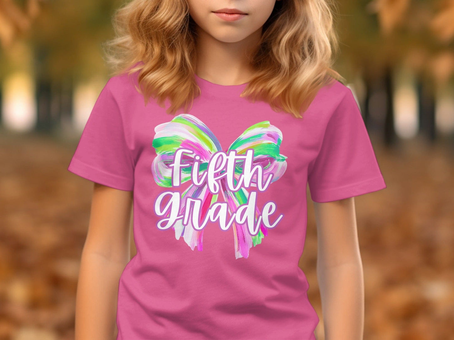 Jen Peete Designs Youth Clothing Fifth Grade Colorful Brush Strokes Bow Back to School T-Shirt