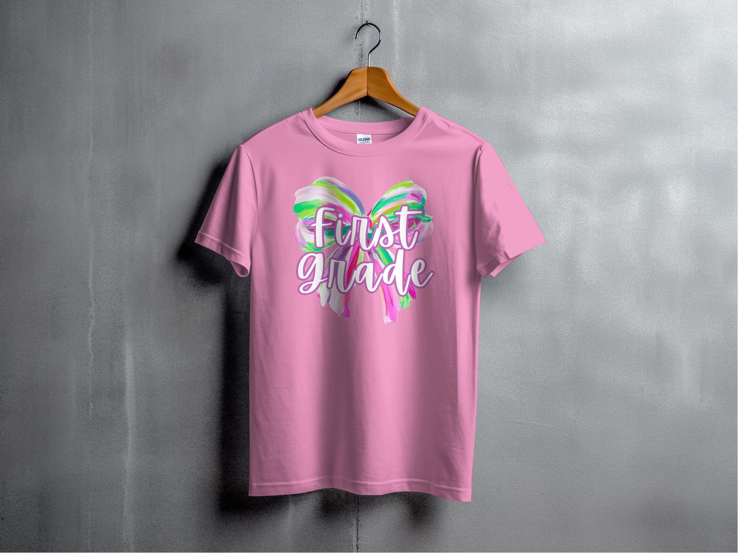 Jen Peete Designs Youth Clothing First Grade Colorful Brush Strokes Bow Back to School T-Shirt