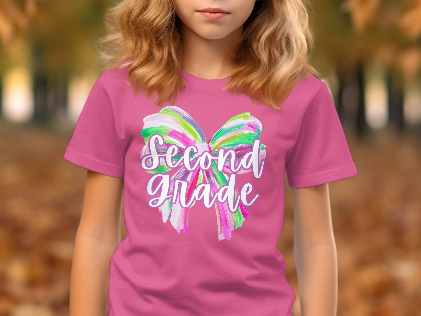 Jen Peete Designs Youth Clothing Second Grade Colorful Brush Strokes Bow Back to School T-Shirt