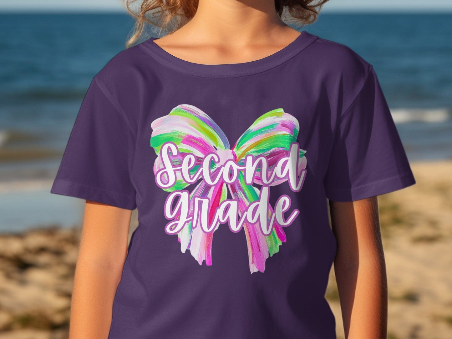Jen Peete Designs Youth Clothing Second Grade Colorful Brush Strokes Bow Back to School T-Shirt