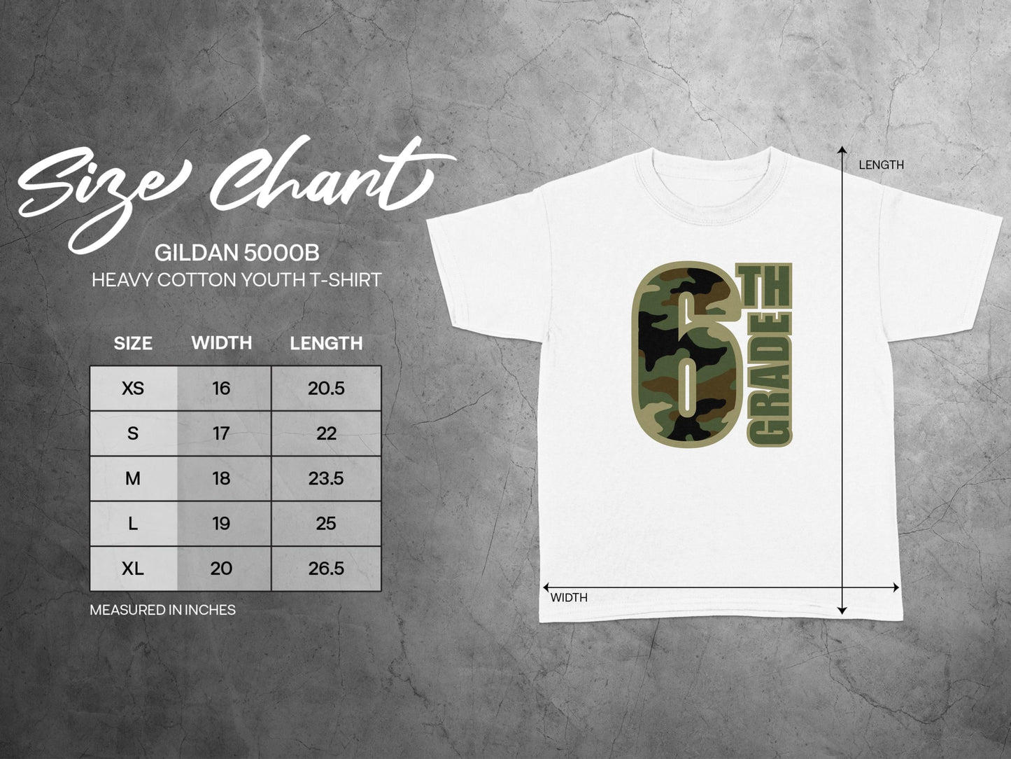 Jen Peete Designs Youth Clothing Sixth Grade Camouflage Back to School T-Shirt