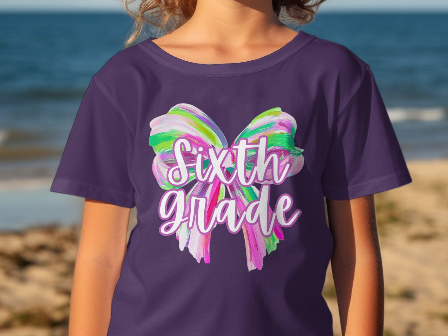 Jen Peete Designs Youth Clothing Sixth Grade Colorful Brush Strokes Bow Back to School T-Shirt