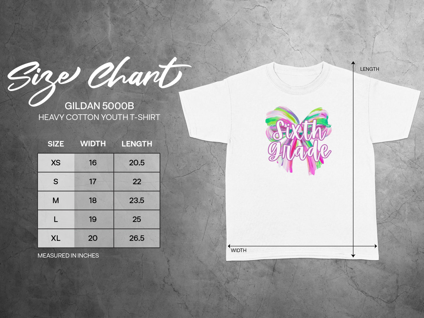 Jen Peete Designs Youth Clothing Sixth Grade Colorful Brush Strokes Bow Back to School T-Shirt