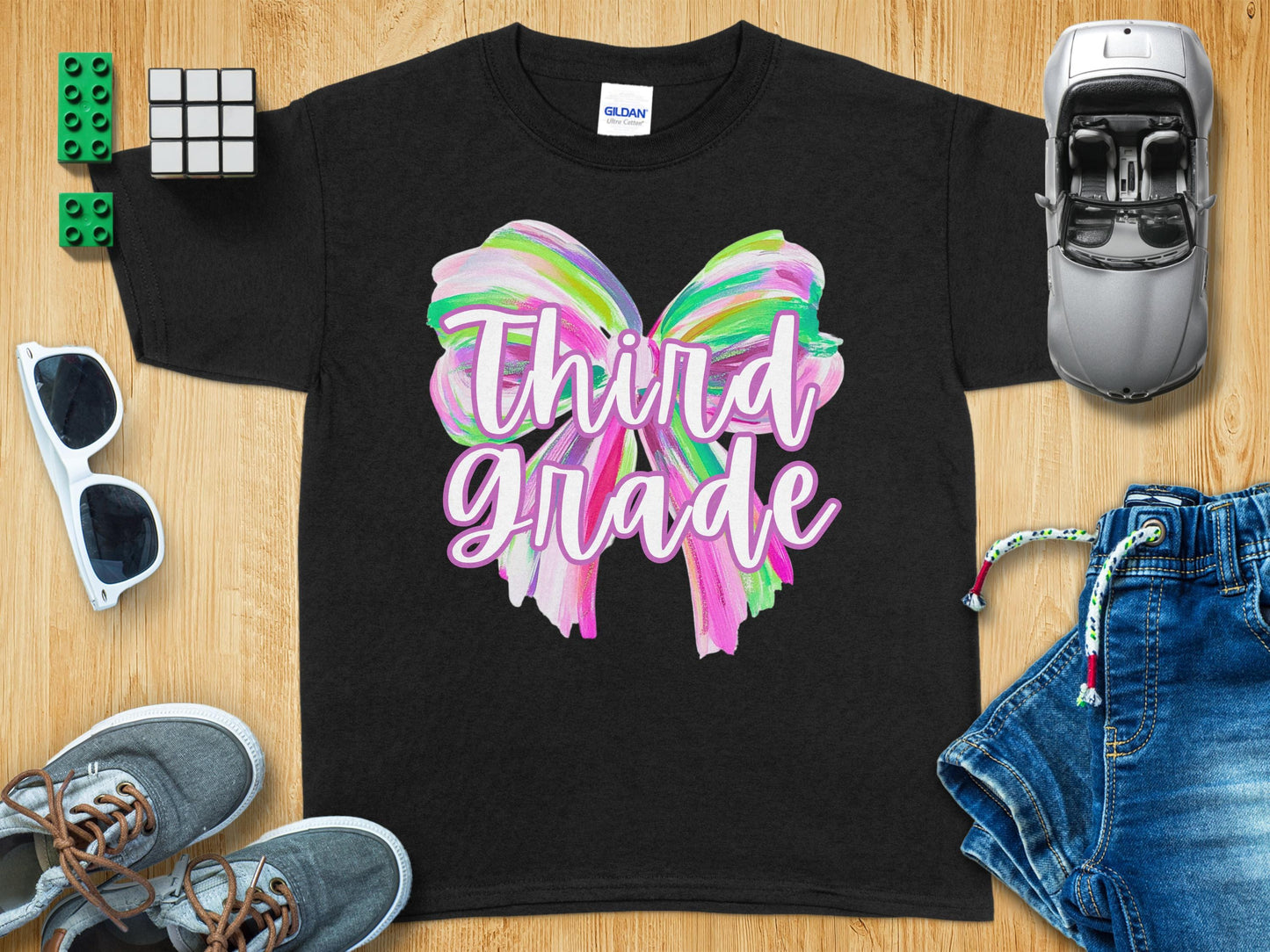 Jen Peete Designs Youth Clothing Third Grade Colorful Brush Strokes Bow Back to School T-Shirt