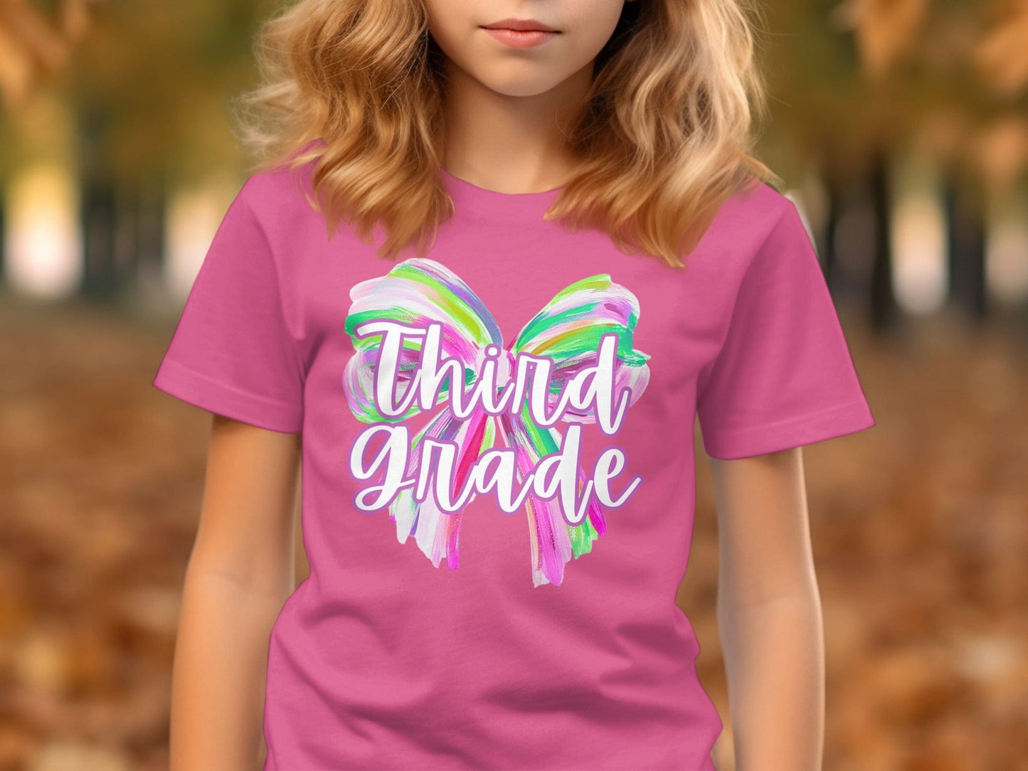 Jen Peete Designs Youth Clothing Third Grade Colorful Brush Strokes Bow Back to School T-Shirt