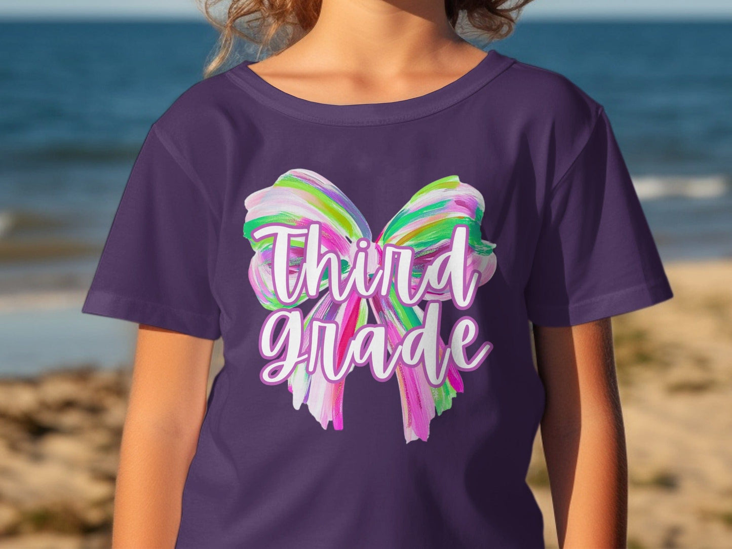 Jen Peete Designs Youth Clothing Third Grade Colorful Brush Strokes Bow Back to School T-Shirt