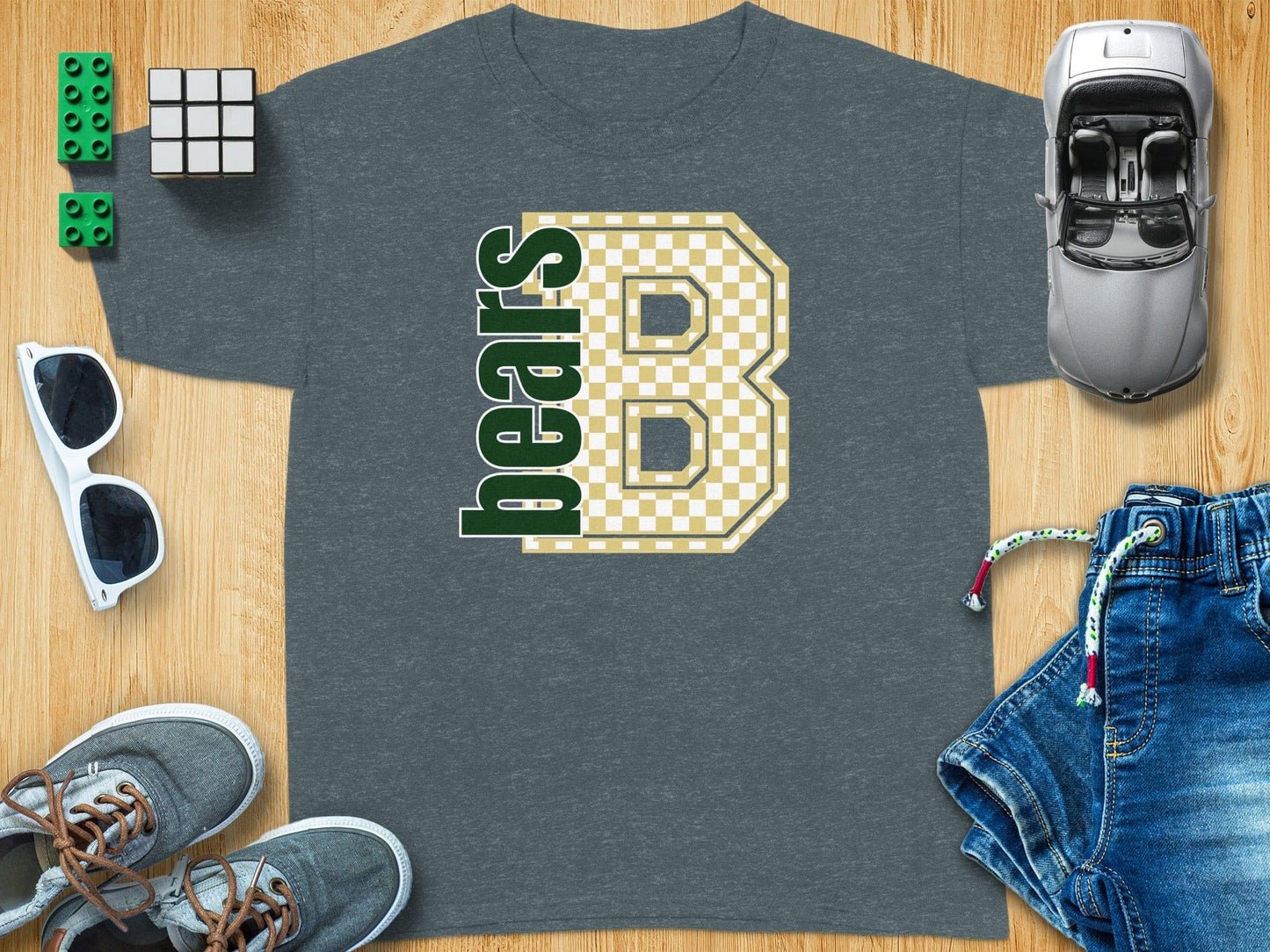 Jen Peete Designs Youth Clothing Youth Block Lettered Bears Spirit Shirt with Gold Checkered B