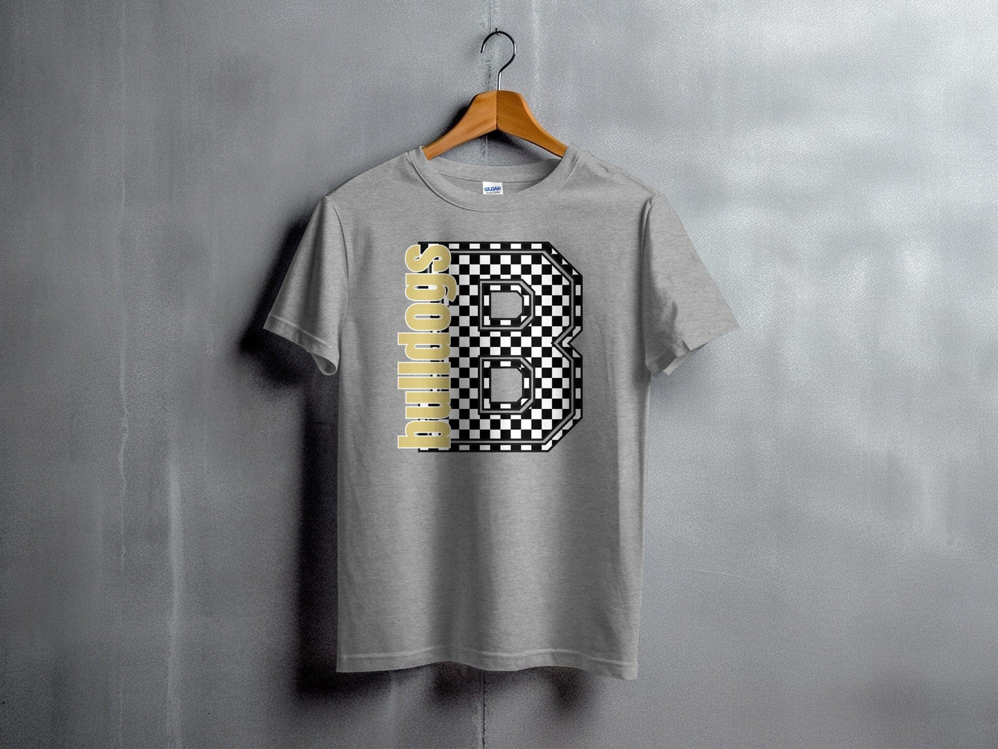 Jen Peete Designs Youth Clothing Youth Block Lettered Bulldogs Spirit Shirt with Checkered B