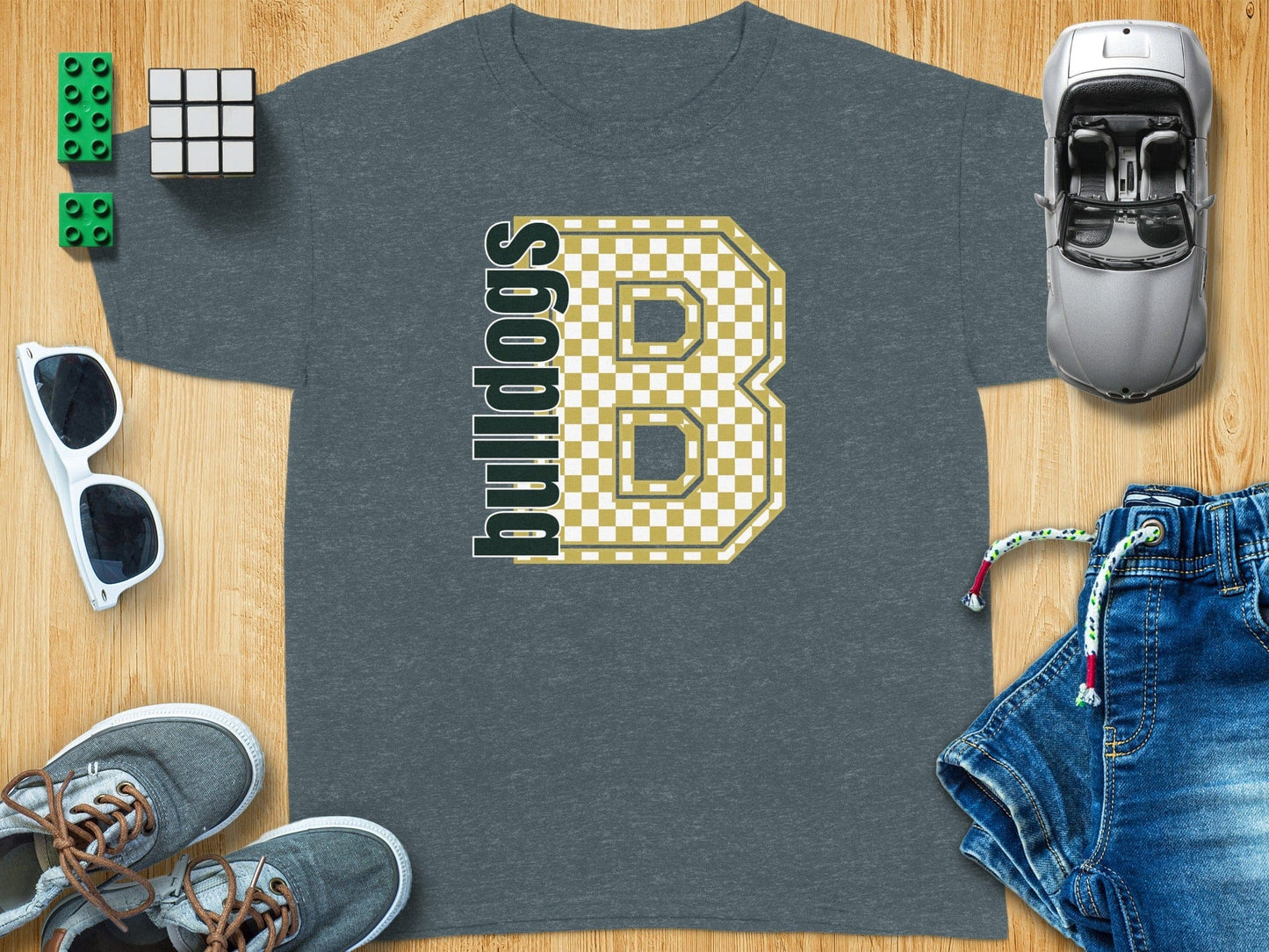 Jen Peete Designs Youth Clothing Youth Block Lettered Bulldogs Spirit Shirt with Gold Checkered B