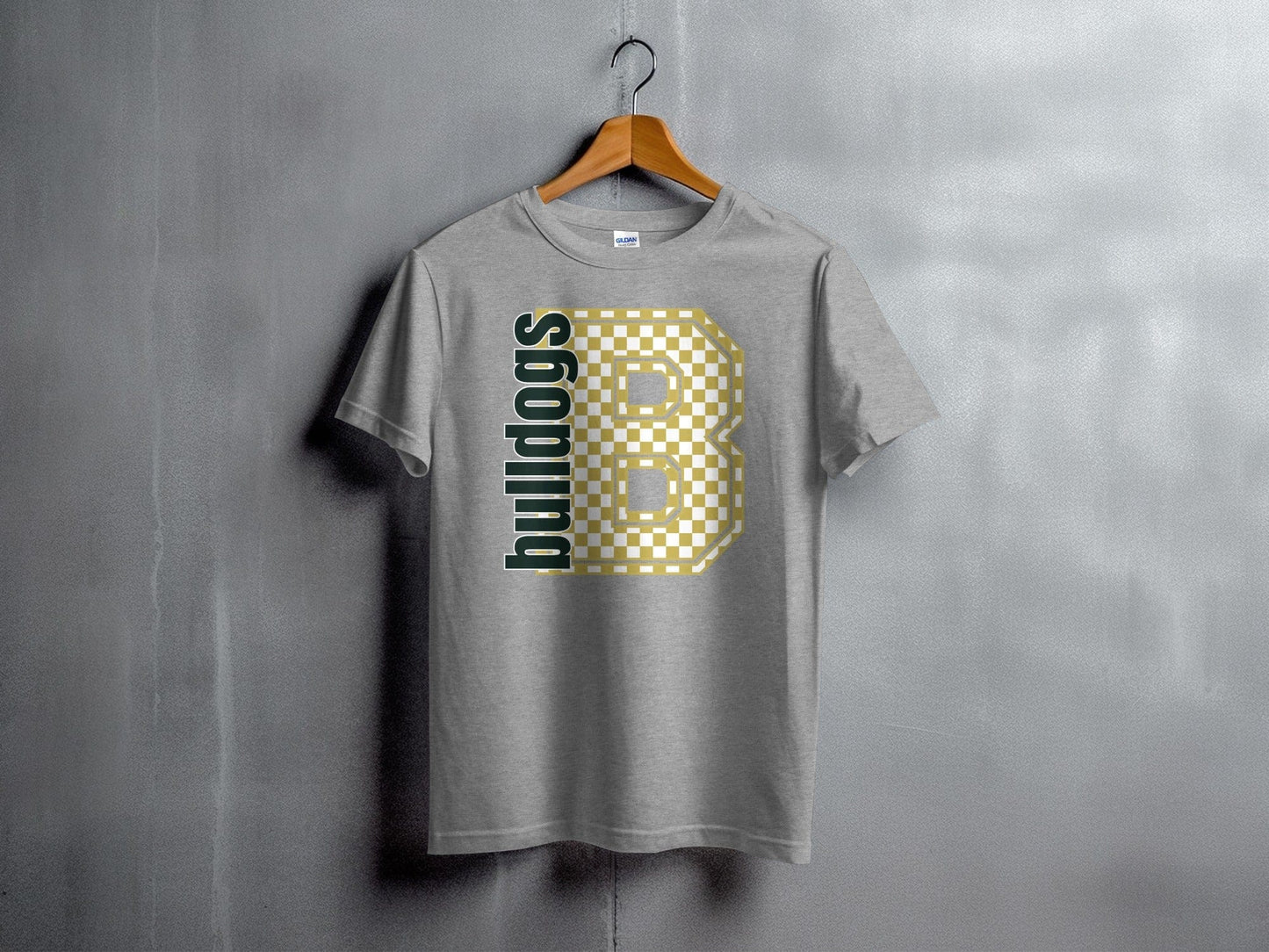 Jen Peete Designs Youth Clothing Youth Block Lettered Bulldogs Spirit Shirt with Gold Checkered B