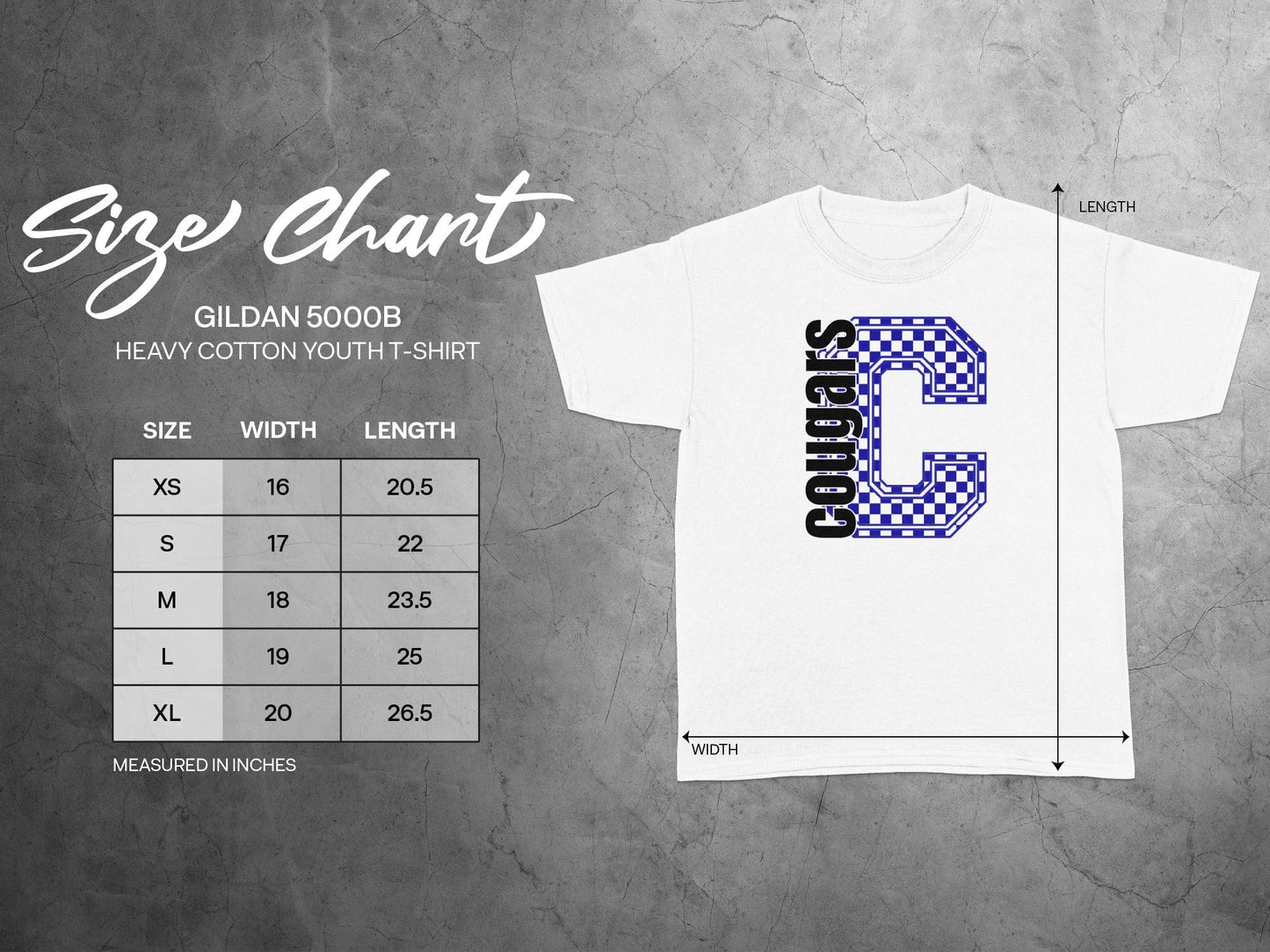 Jen Peete Designs Youth Clothing Youth Block Lettered Cougars Spirit Shirt with Blue Checkered C