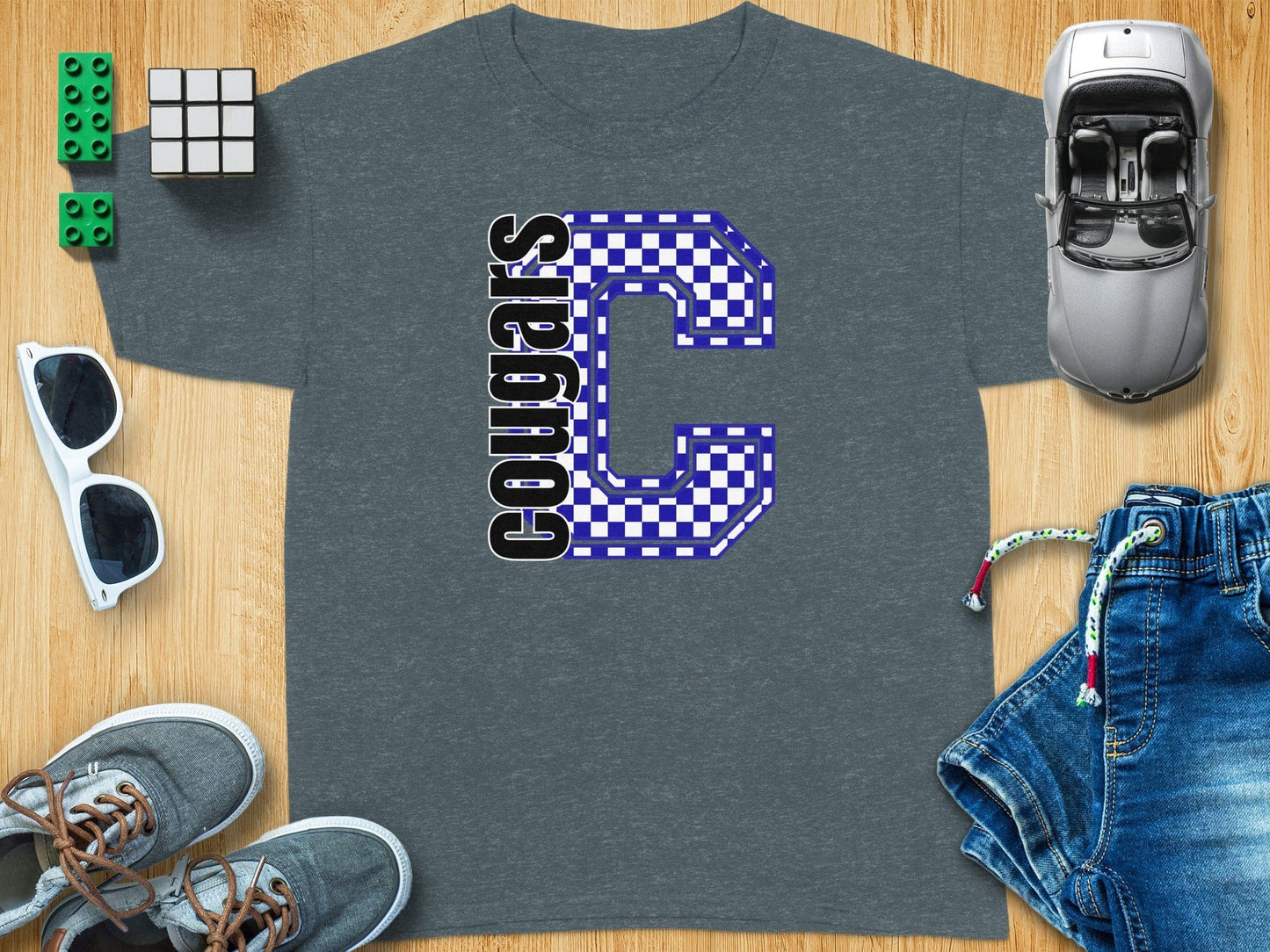 Jen Peete Designs Youth Clothing Youth Block Lettered Cougars Spirit Shirt with Blue Checkered C