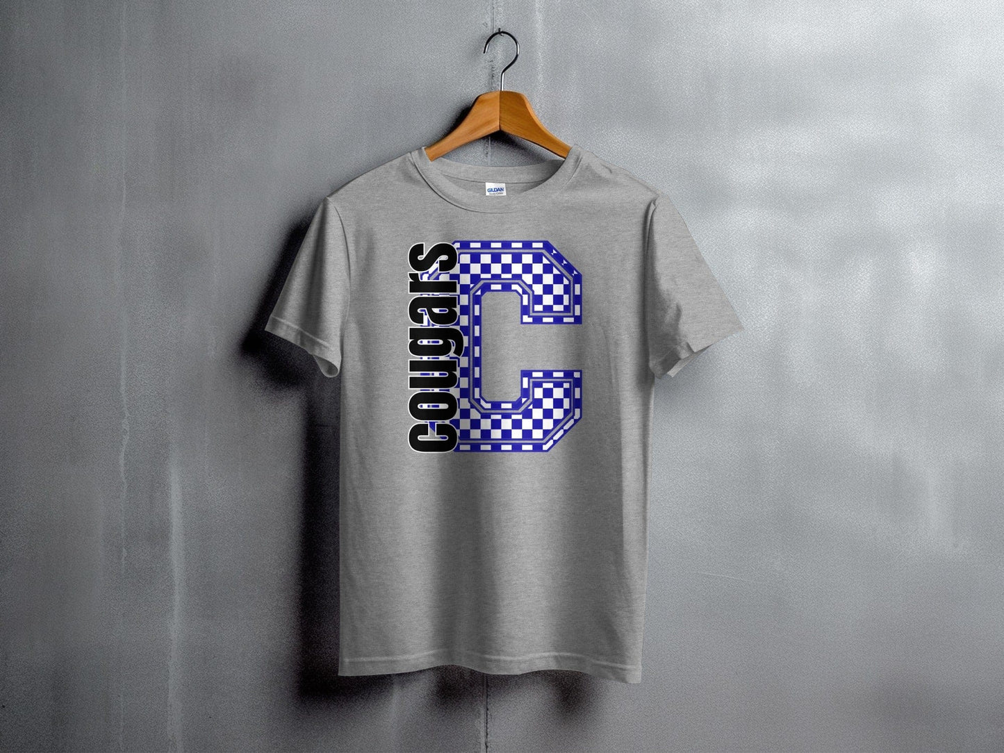 Jen Peete Designs Youth Clothing Youth Block Lettered Cougars Spirit Shirt with Blue Checkered C