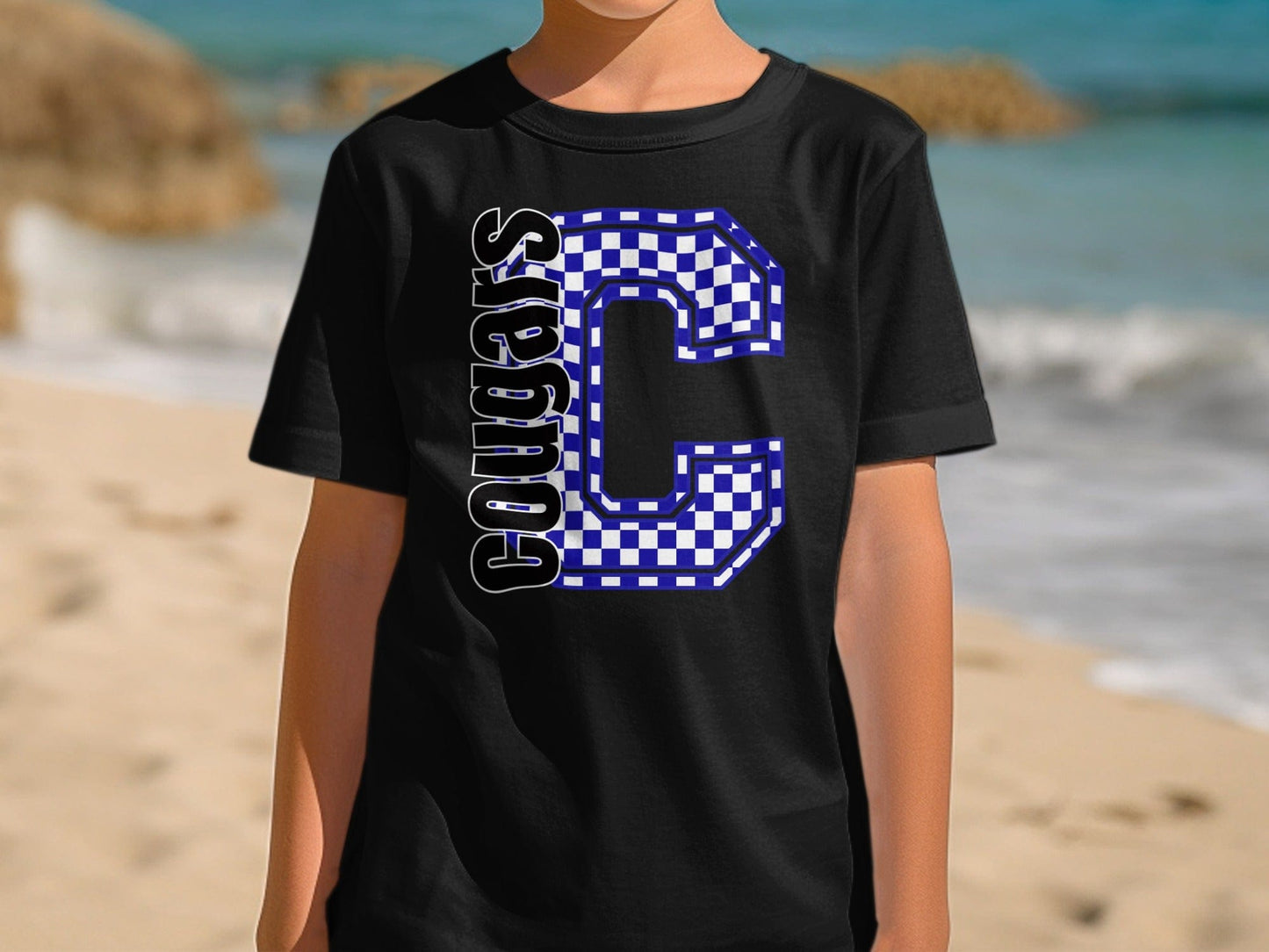 Jen Peete Designs Youth Clothing Youth Block Lettered Cougars Spirit Shirt with Blue Checkered C