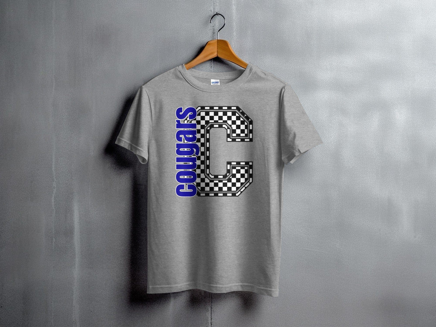 Jen Peete Designs Youth Clothing Youth Block Lettered Cougars Spirit Shirt with Checkered C
